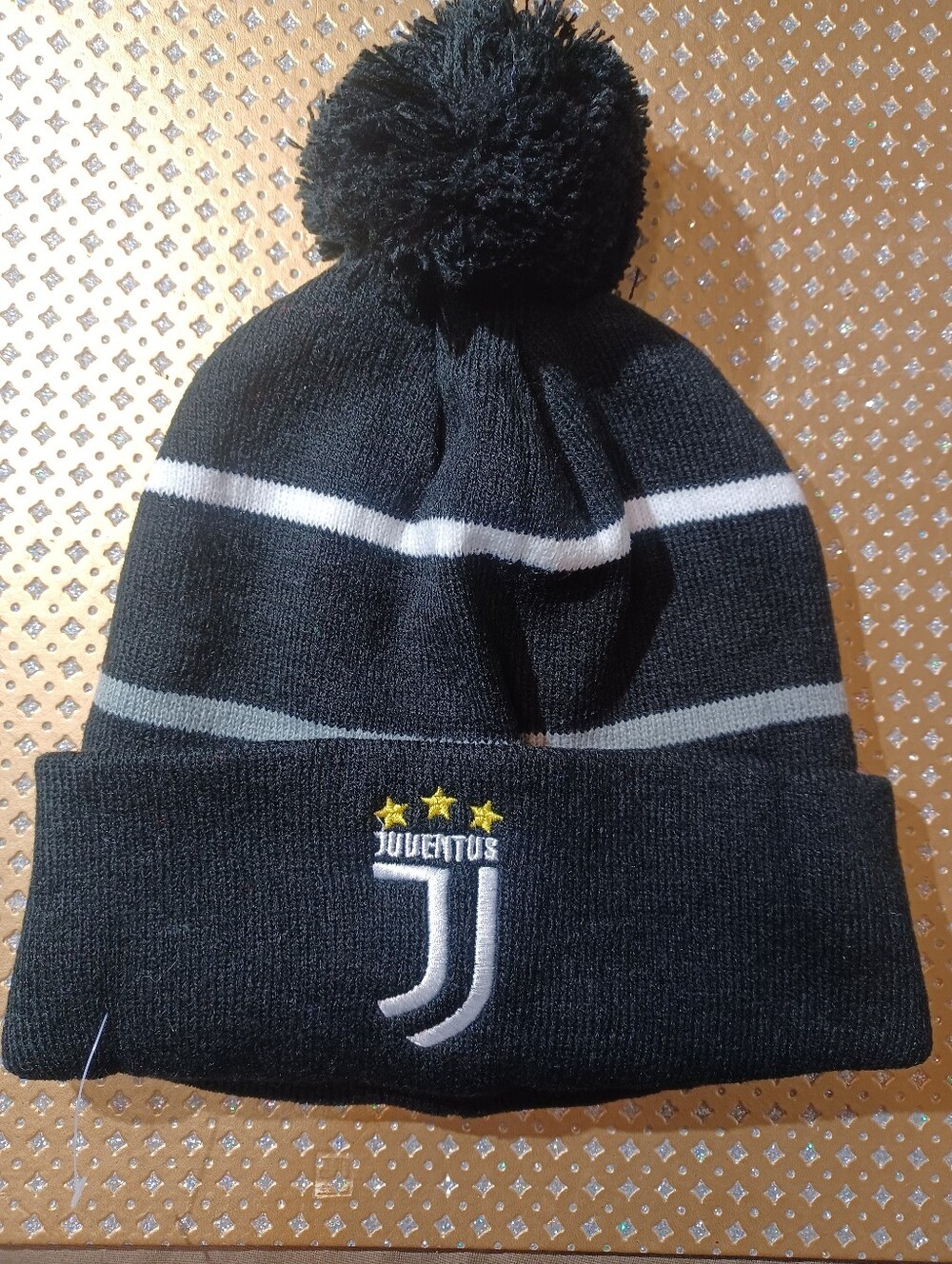 Black Pom Beanie Hat Adults Juventus